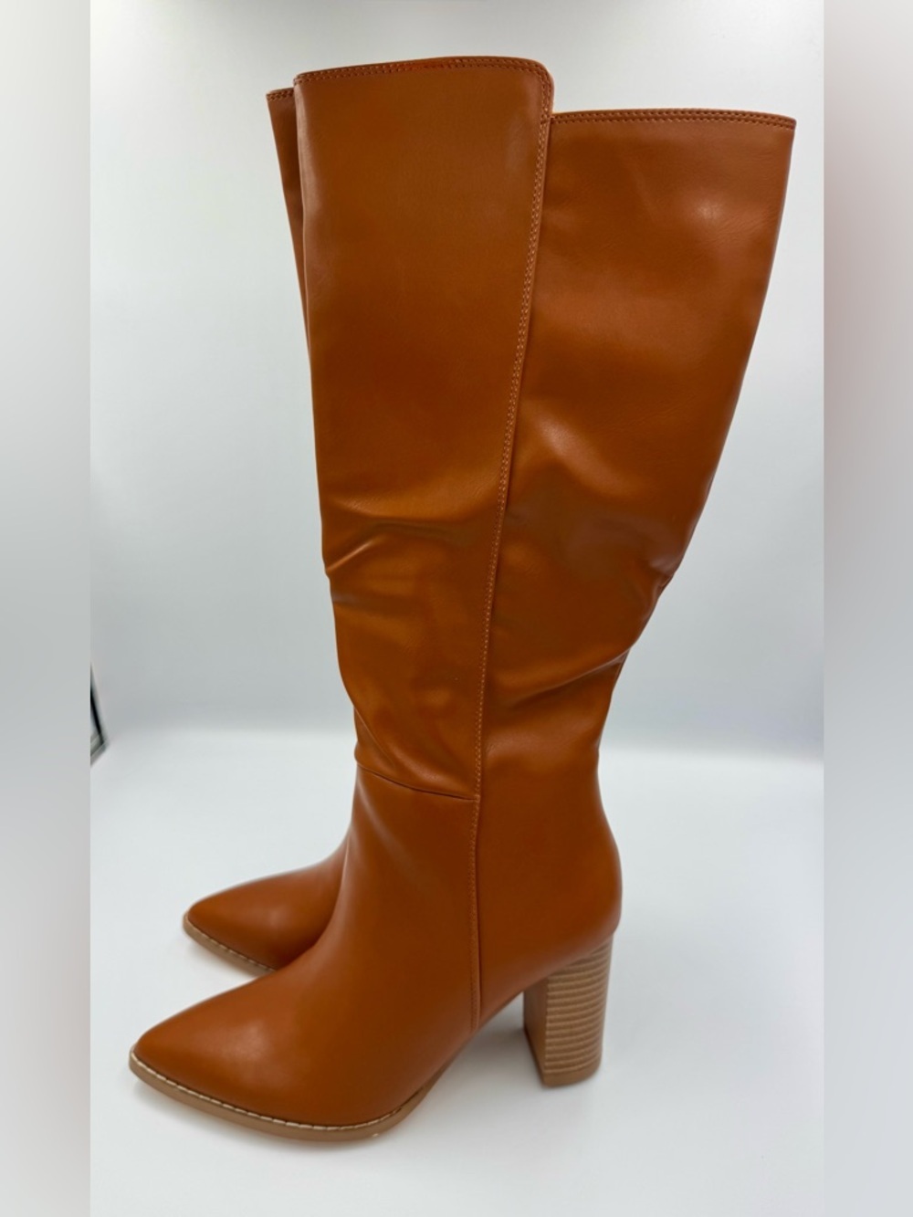 Boho Tan Knee High Boots Pointed Toe Chunky Stacked Block Heel Women's 6.5 NWT